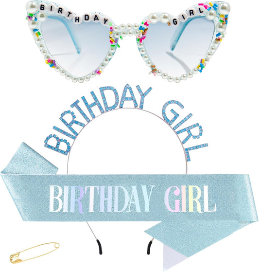 3Pcs Birthday Girl Sash Headband Set-Birthday Sash Tiara and Crown Sunglasses for Girls Women