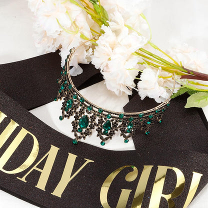 Silver Birthday Crown Headband with Sash for Women - Rhinestone Tiara for Birthday Parties