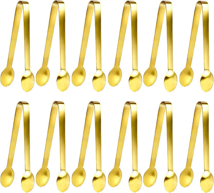 JCREN 12 Pcs Serving Tongs, Small Serving Utensils for Parties Catering Gold Tongs, Food-Grade 304 Stainless Steel Mini Appetizer Tongs for Tea Party Coffee Bar, 4 Inches - Gold