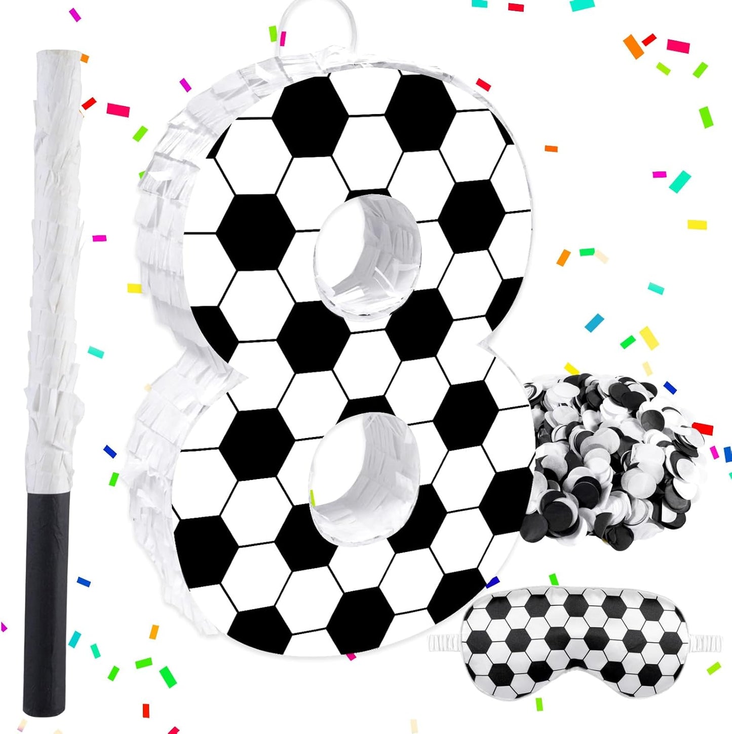 16Inch Soccer Ball Number 9 Piñata Includes Wooden Stick, Blindfold, and Confetti for for Kids 7th Anniversary Sport Themed Party Birthday Supplies