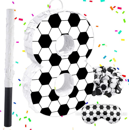 16Inch Soccer Ball Number 9 Piñata Includes Wooden Stick, Blindfold, and Confetti for for Kids 7th Anniversary Sport Themed Party Birthday Supplies