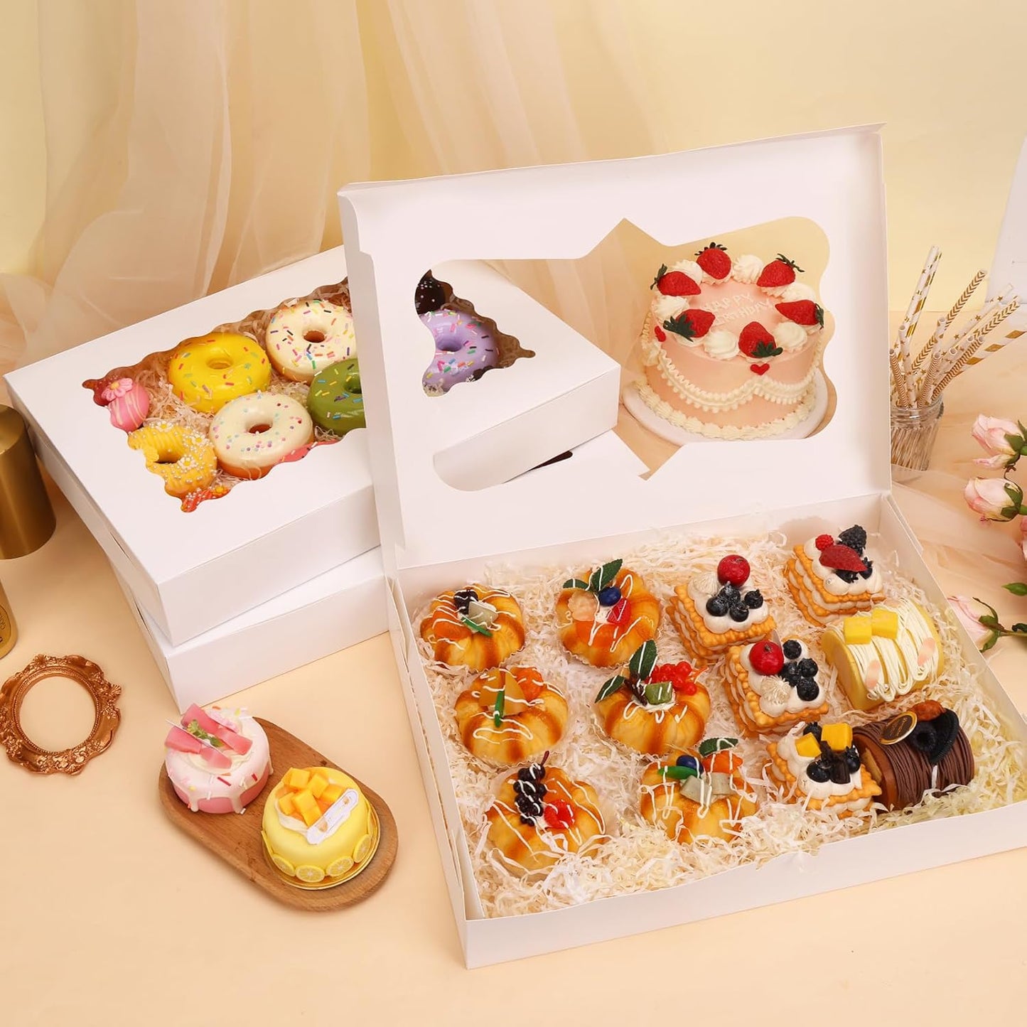 Moretoes 40pcs Large Bakery Boxes, 16x11x2.5 Inches Auto-Popup Cookie Boxes with Window for Donuts, Treats, Pastries, Pies, Muffins, Chocolate Covered Strawberries