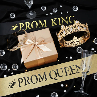 Lyrow 4 Pcs Prom King and Queen Crown Set, Prom King Crown with Sash for Graduation, Queen Tiara with Sash for Grad Couple Accessories Homecoming Birthday Party(Cute,Black,White)