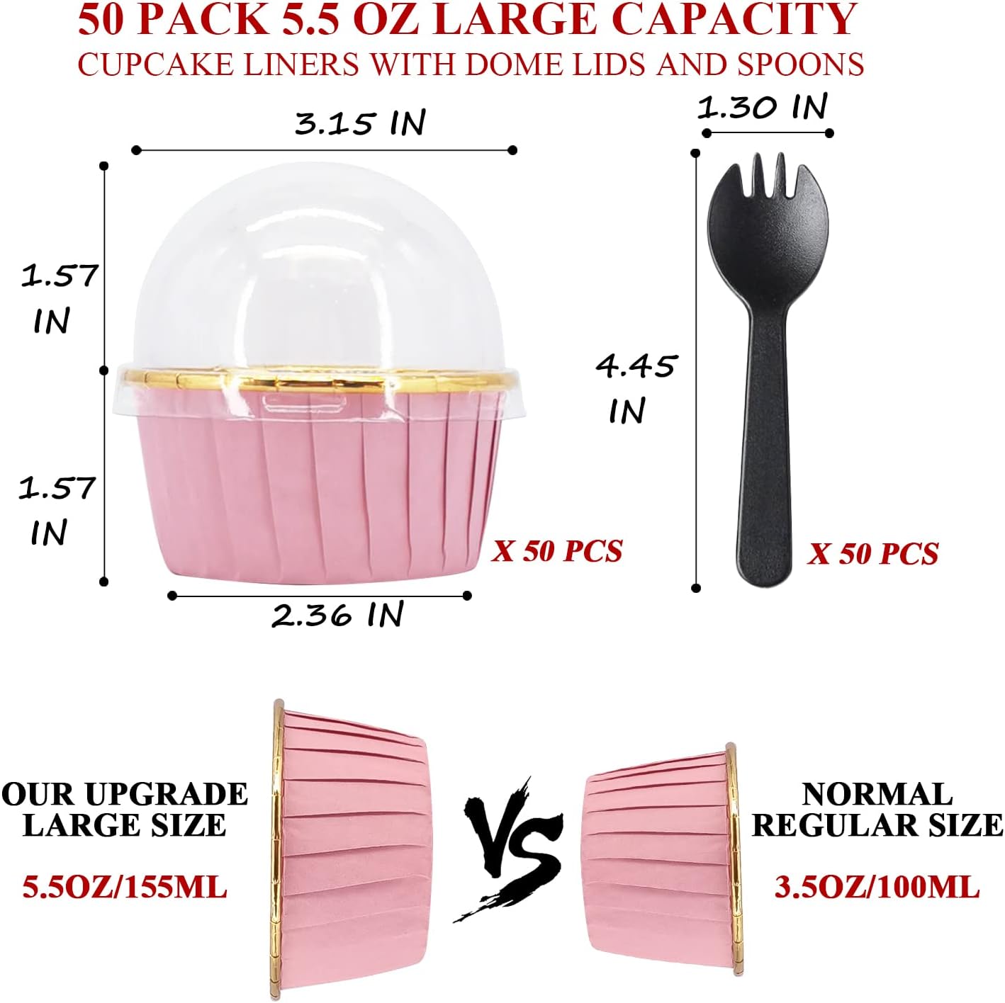 Cupcake Liners with Lids 50 Pack,LNYZQUS 5oz Large Foil Cupcake Cups Muffin Tins,Disposable Baking Cups Muffin Liners Wrappers Holders for Wedding Valentine-Pink in gold