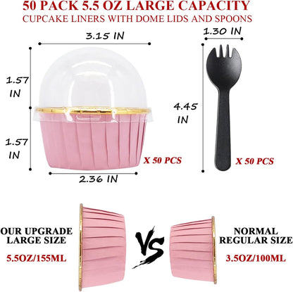 Cupcake Liners with Lids 50 Pack,LNYZQUS 5oz Large Foil Cupcake Cups Muffin Tins,Disposable Baking Cups Muffin Liners Wrappers Holders for Wedding Valentine-Pink in gold