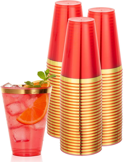 Goodluck 100PCS 9oz Gold Plastic Cups for Party, Disposable Gold Rim Cups, Plastic Cocktail Glasses for Wedding Thanksgiving, Christmas, and Parties
