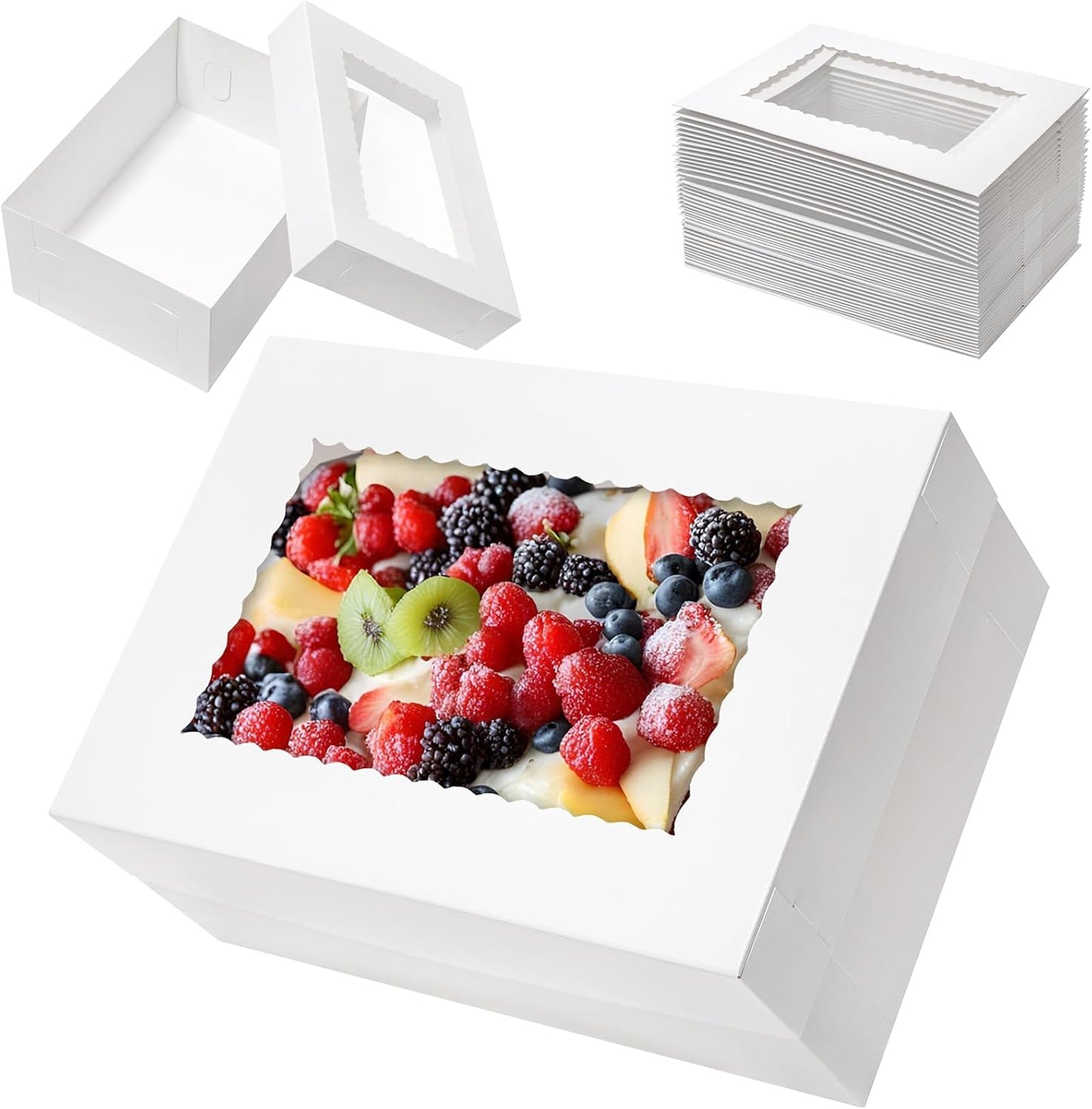 Mefleet 25pcs 14x10x6 Cake Boxes with Window Rectangle Quarter Sheet Bakery Boxes for Pastry Baking Cake, Cupcakes, Donuts, Cookies, Pie Treat Packaging White Large