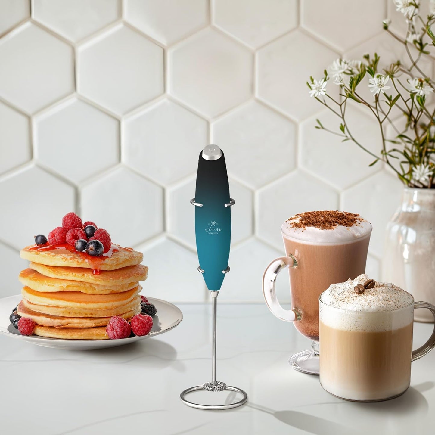 Zulay Kitchen Powerful Milk Frother Wand With Duracell Batteries - Ultra Fast Handheld Drink Mixer - Electric Whisk Foam Maker for Coffee, Lattes, Cappuccino & Matcha - Z1 Motor - Black - Colors A