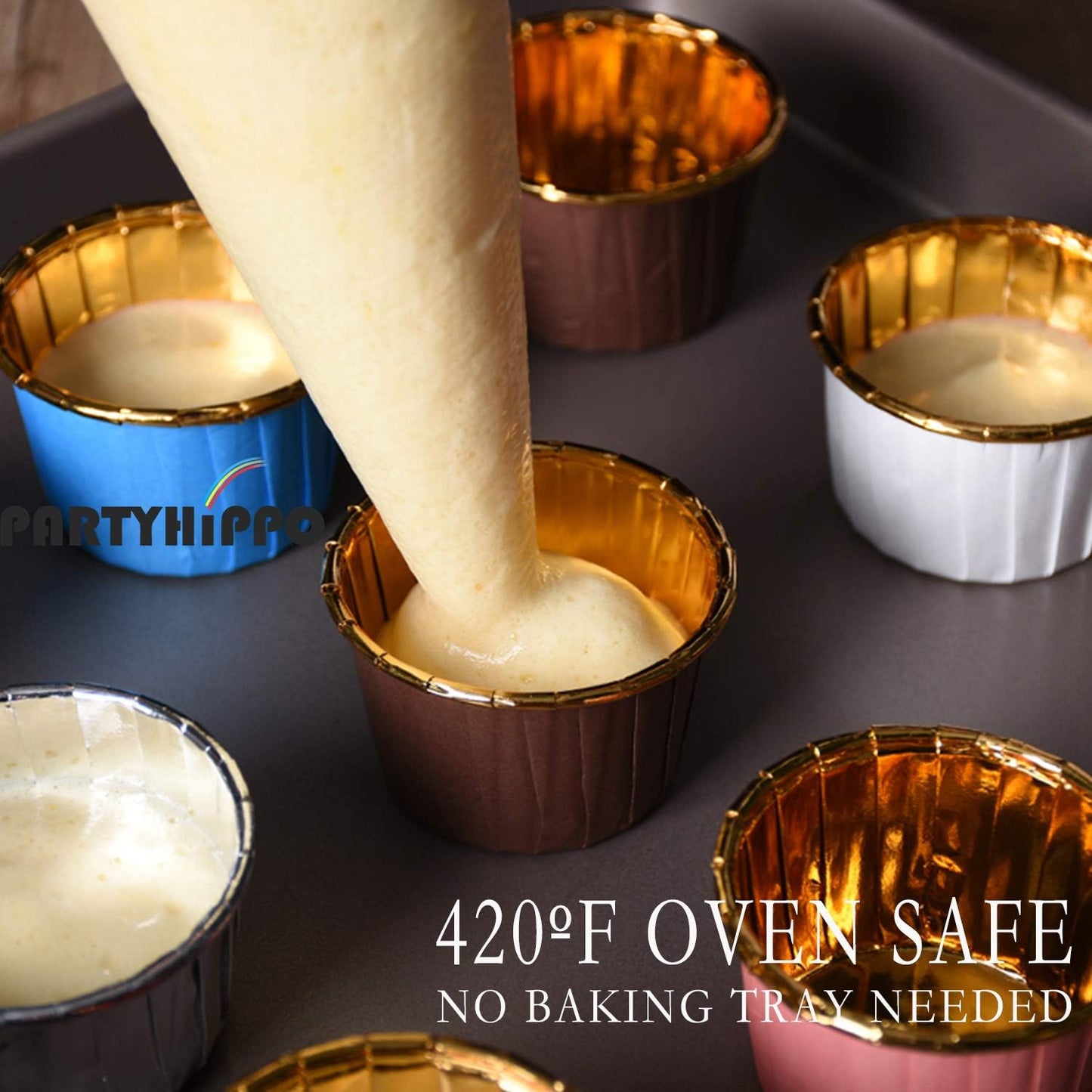 Party Hippo Cupcake Cups, 3.5 Oz 50 pcs Disposable Foil Muffin Liners, Gold Baking Cups, Ramekin Aluminum Cupcake Tip Pan Ramekin Holders, Little Baking Cups (White)