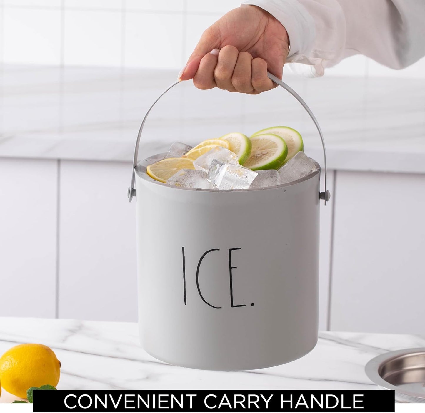 Rae Dunn Ice Bucket with Scoop - Stainless Steel Bucket with Handle, Lid and Ice Scooper - 4 Qt. Storage Bin for Ice Cubes for Bars, Parties, Backyard Barbeques, Picnics, and Camping (Sage)