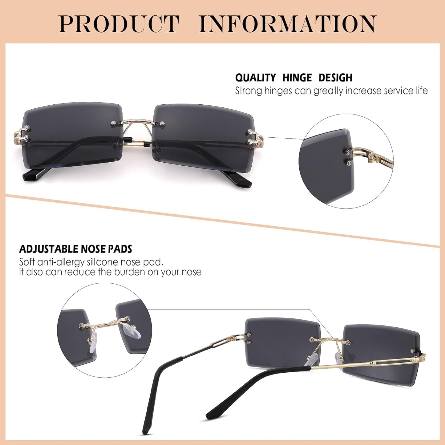 Rectangle Sunglasses for Men/Women Small Rimless Square Shade Eyewear
