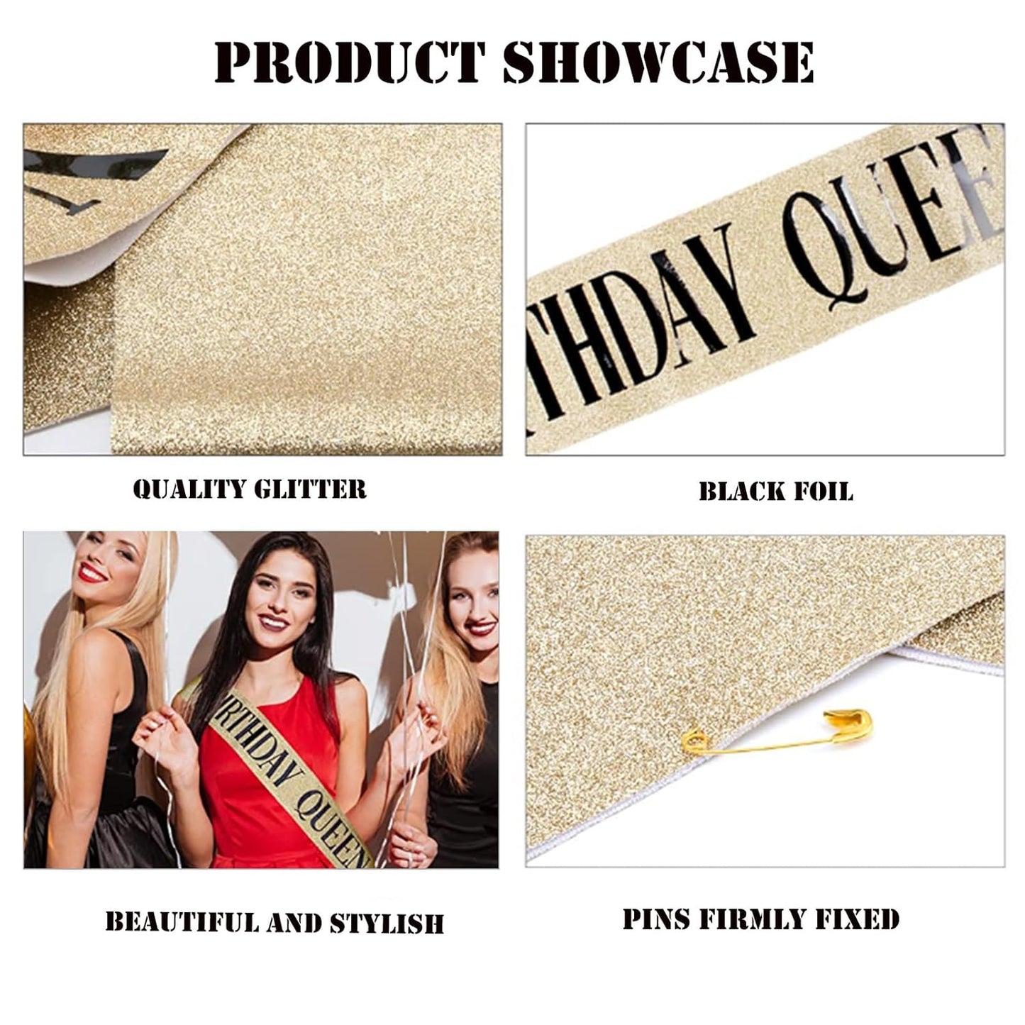 Gold Glitter Birthday Queen Sash for Women Girls, Happy Birthday Party Supplies and Decorations