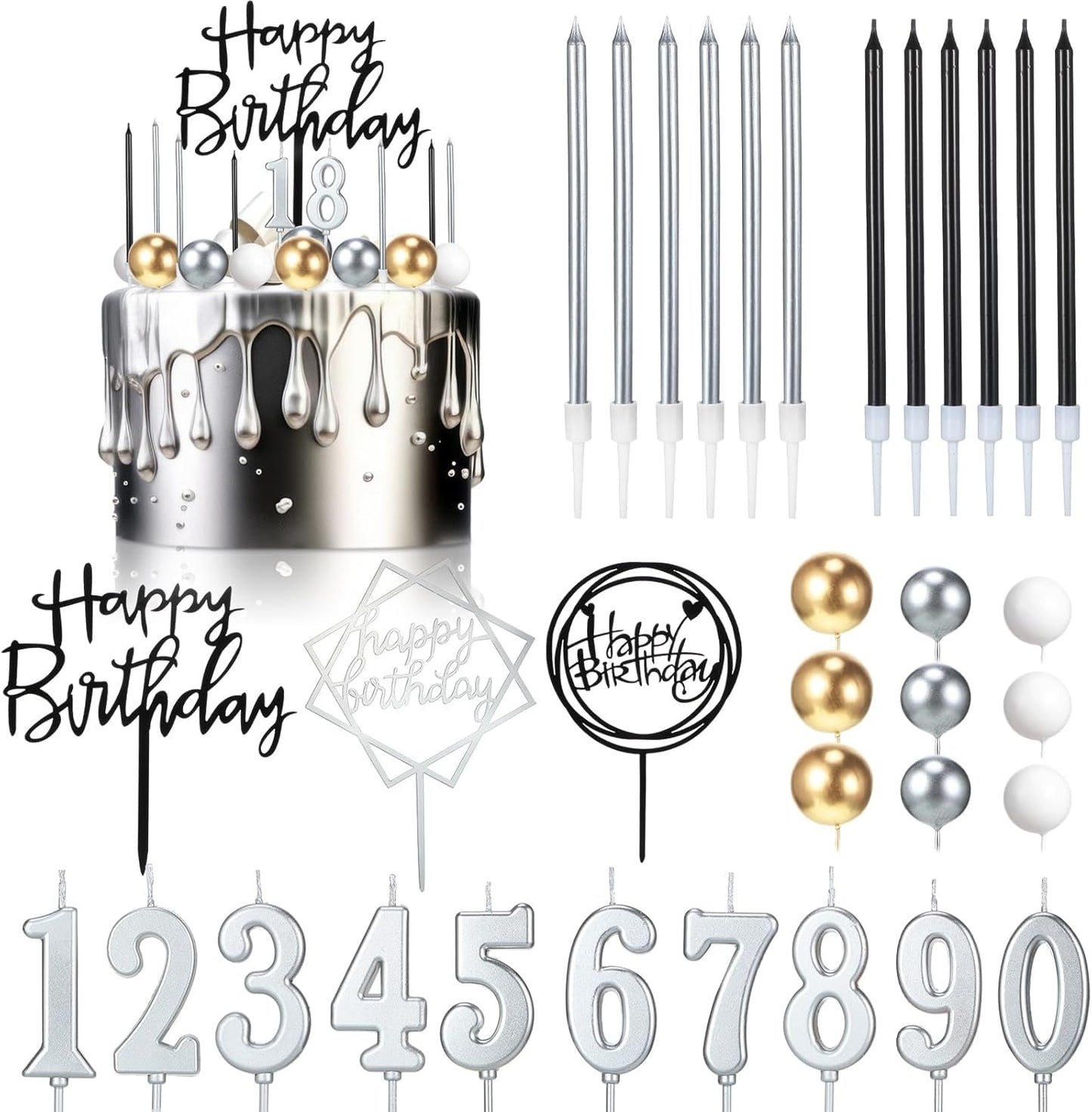 Yerliker 34 Pcs Happy Birthday Cake Toppers Decorations Birthday Candles DIY Cake Decor for Men Women Wedding Anniversary(Gold)