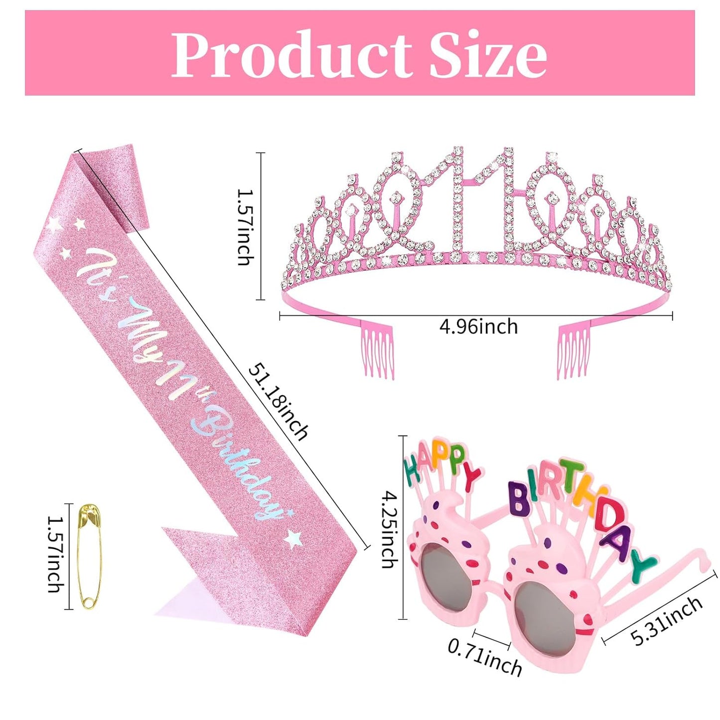 YARIEW 3rd Birthday Decorations, 3rd Glitter Purple Sash and Crown Kit with Happy Birthday Sunglasses, Tiara Princess Crown and Sash Party Outfit Accessory