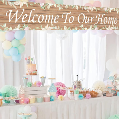 Welcome to Our Home Large Banner, New Home Lawn Decor, Rustic Welcome Home Porch Sign, Housewarming Gift, Indoor Outdoor Backdrop 8.9 x 1.6 Feet