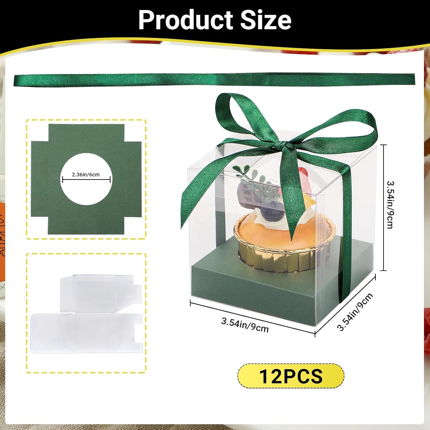 EUSOAR Individual Cupcake Holder, 50pcs 3.5 Inch Plastic Black Cupcake Containers with Lids, Single Transparent Display Clear Cupcake Carrier with Ribbon and Inserts for Wedding Party Favor