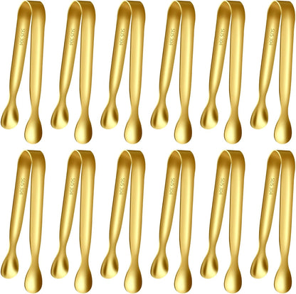 HOTEC 12-Pack Mini Sugar Tongs Stainless Steel Ice Tongs 4.3Inch Serving Tongs for Coffee Bar, Tea Party, Appetizers, Desserts, Buffet – Food-Grade & Dishwasher Safe, Gold