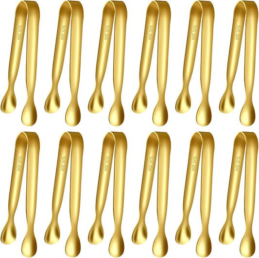 HOTEC 12-Pack Mini Sugar Tongs Stainless Steel Ice Tongs 4.3Inch Serving Tongs for Coffee Bar, Tea Party, Appetizers, Desserts, Buffet – Food-Grade & Dishwasher Safe, Gold