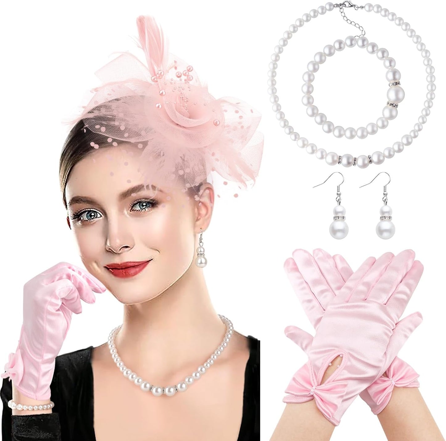 DRESHOW Fascinators Hat Flower Mesh Ribbons Feathers on a Headband and a Clip Tea Party Headwear for Girls and Women - Colors B
