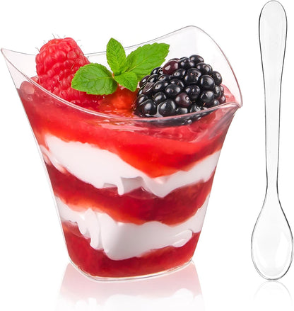 50 Pack Mini Slanted Dessert Cups with Spoons - 2.2 oz Plastic Parfait Cups Reusable Shooter Glasses Small Serving Cups for Tasting Party Desserts Appetizer