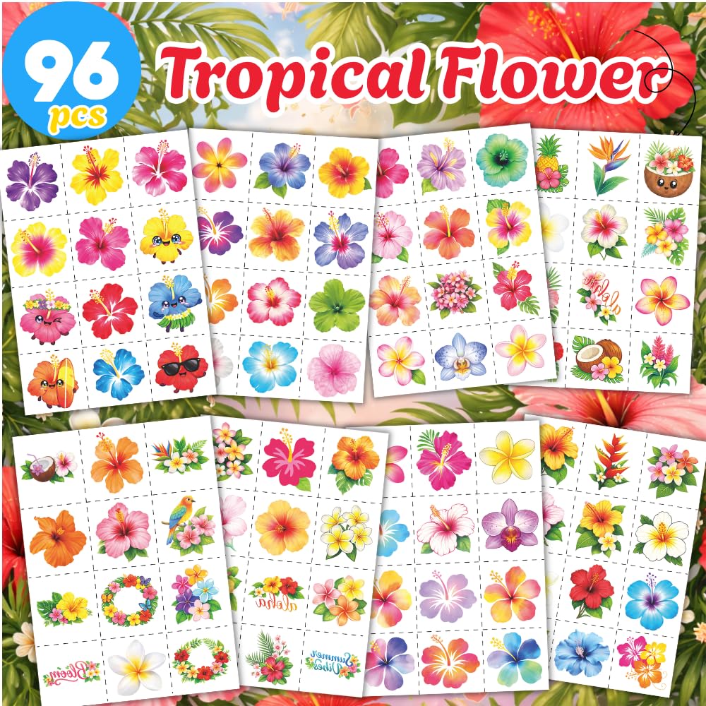 96PCS Tropical Flower Hawaiian Temporary Tattoos Pre-Cut - Hibiscus Plumeria Stickers Beach Summer Hawaiian Birthday Party Decorations, Supplies & Favors - School Gifts Rewards Prizes for Girls Women