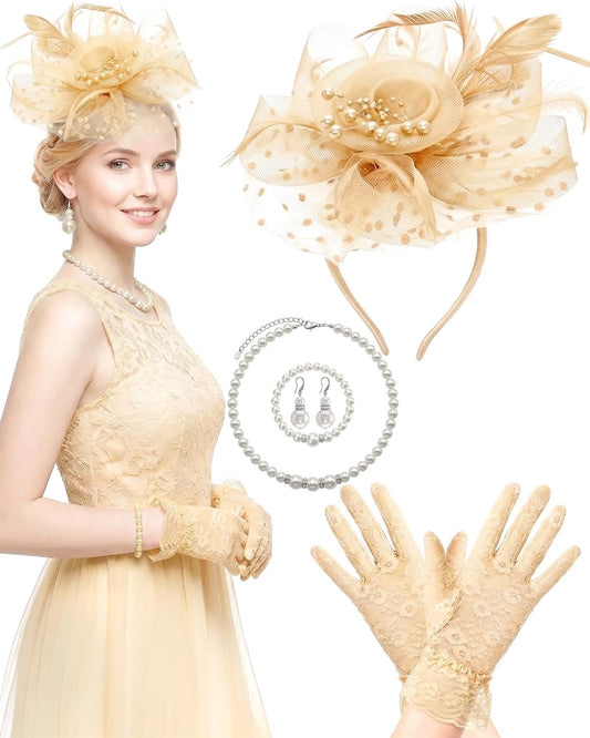 Fascinators Hat for Women Tea Party Fascinator Headband with Gloves Tea Party Accessories for Ladies