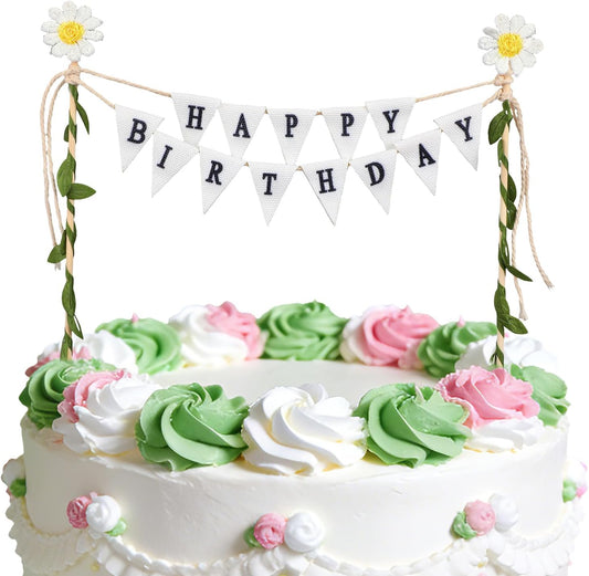 Happy Birthday Flag Banner Cake Topper, Handmade Pennant & Star Garland Birthday Cake Flag Decoration for Party Decorations Supplies