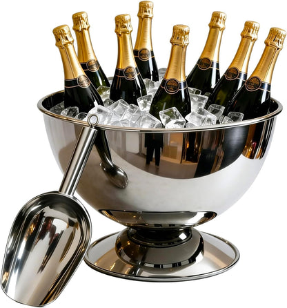 12L Large Stainless Steel Champagne Ice Bucket with Ice Scoop, Mirror Polished Punch Bowl with Detachable Stable Base, Holds Up to 10 Bottles for Parties, Weddings, Banquets and Restaurants(2 packs)