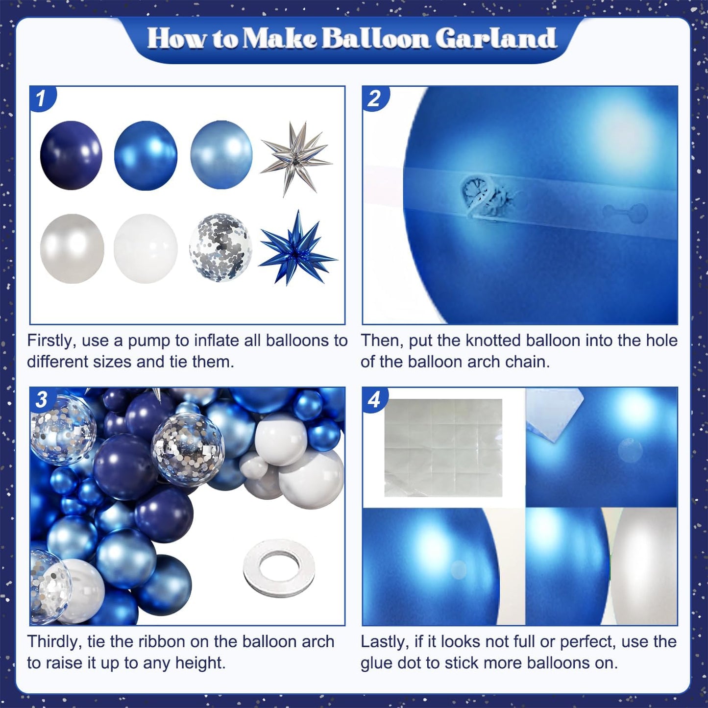 Blue White Silver Balloon Garland Arch Kit, 140Pcs Navy Light Metallic Blue Silver White Confetti Balloons With Stars for Birthday Wedding Birdal Shower Graduation Fathers Day Party Decorations