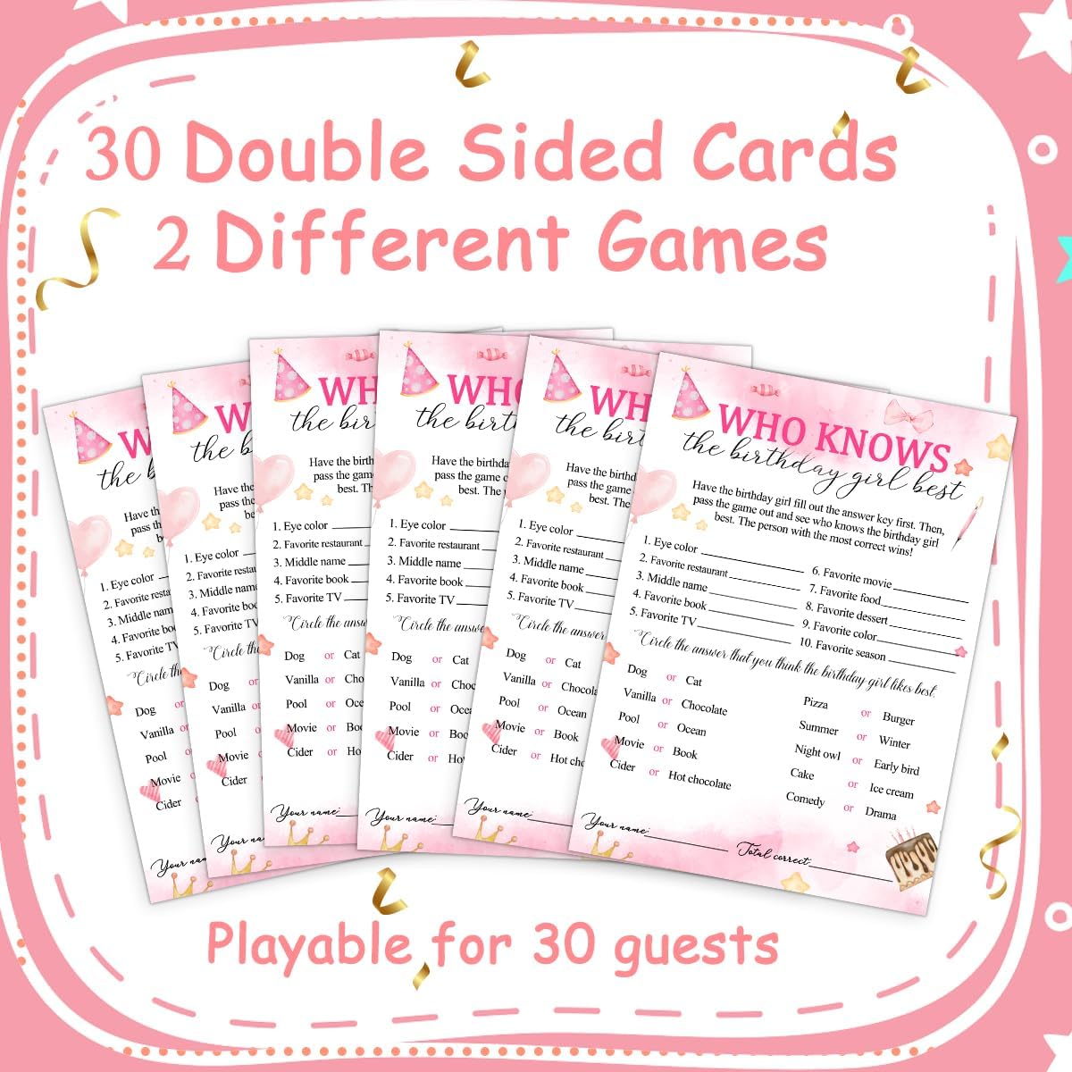 Birthday Party Cards for Girl, Birthday Games Card, Would She Rather Game Cards Set, Birthday Supplies Activity Decorations for Adult Girl, Set of 30 Game Cads