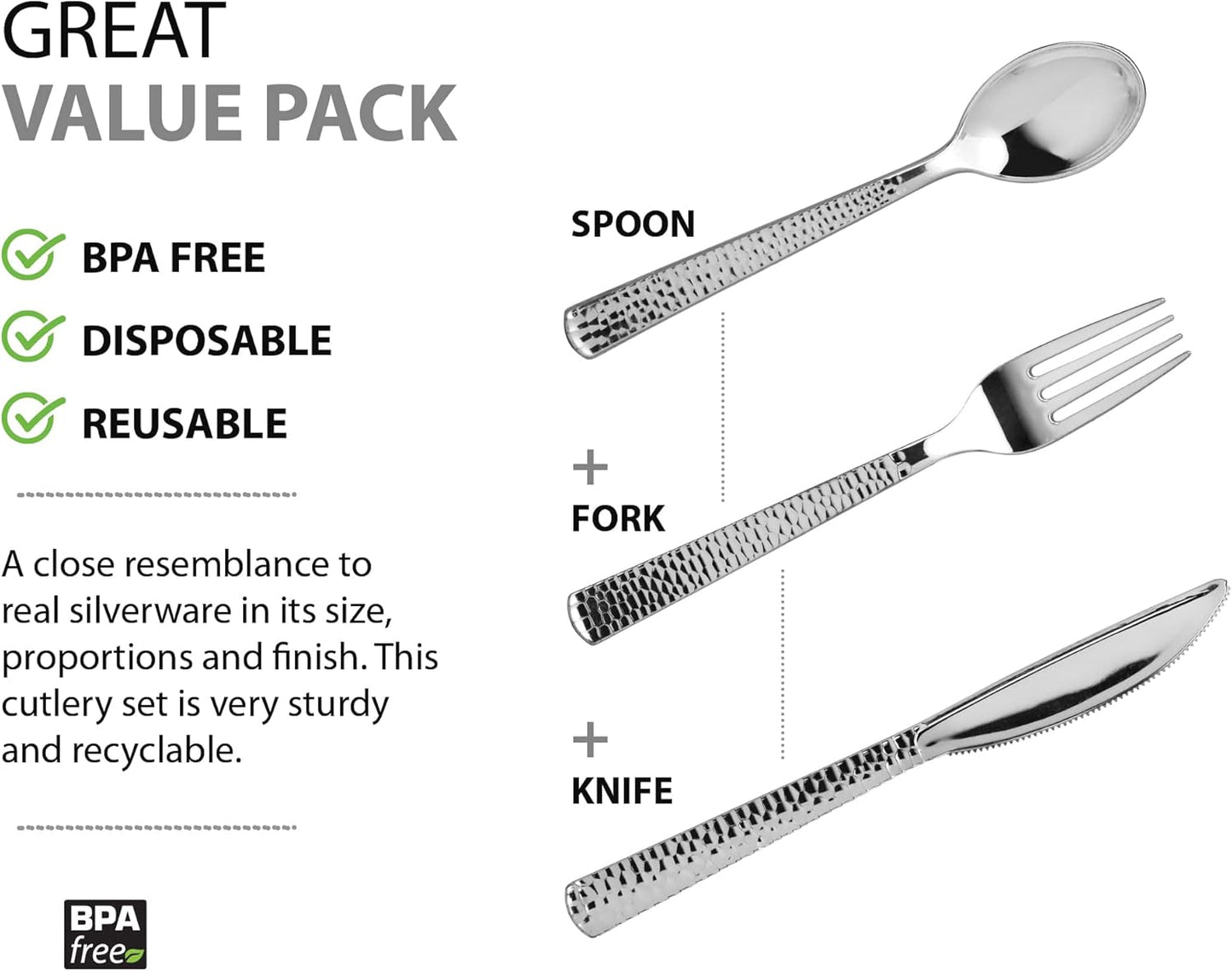 Plastic Cutlery Silverware Extra Heavyweight Disposable Flatware, Full Size Cutlery Combo, Polished Silver, 80 Forks, 40 Spoons, 40 Knifes, Value Pack 160 Count