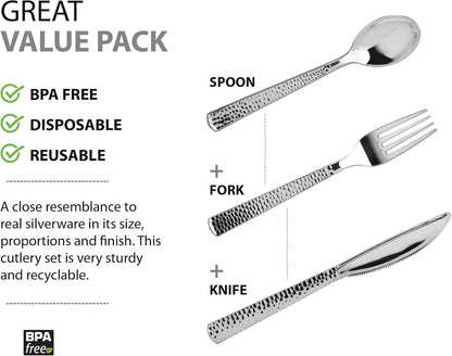 Plastic Cutlery Silverware Extra Heavyweight Disposable Flatware, Full Size Cutlery Combo, Polished Silver, 80 Forks, 40 Spoons, 40 Knifes, Value Pack 160 Count