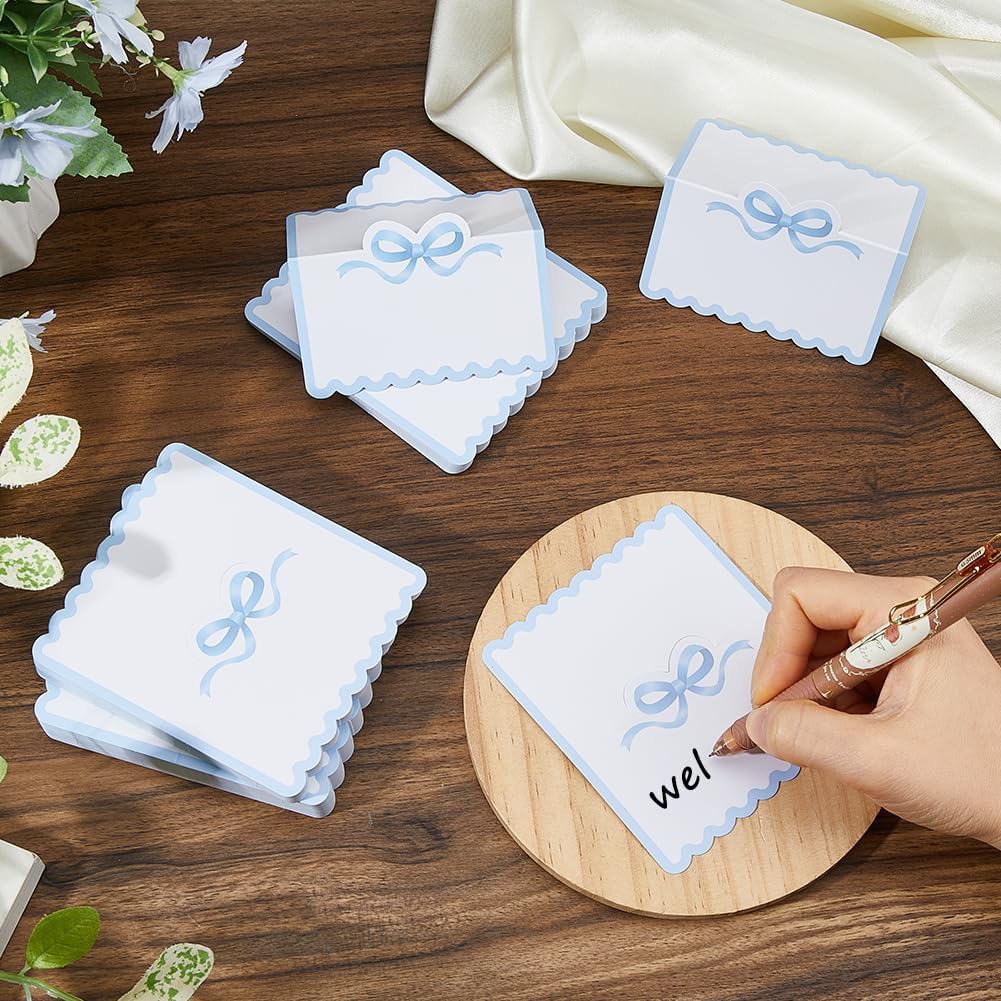 SUPERFINDINGS 200Pcs Blank Place Cards Blue Bow Place Cards 4.02x3.54 Inch/10.2x9cm Wedding Seating Card Buffet Food Labels Tent Fold Table Name Card for Wedding Party Table Setting