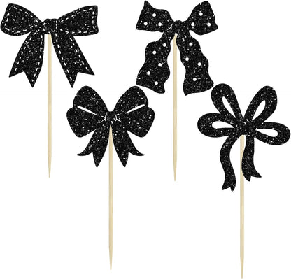 Ephlyn 24Pcs Pink Bow Cupcake Toppers Bow Birthday Cake Topper Girls Birthday Party Decorations Bowknot Cupcake Decorations for Bridal Wedding Themed Party Multi