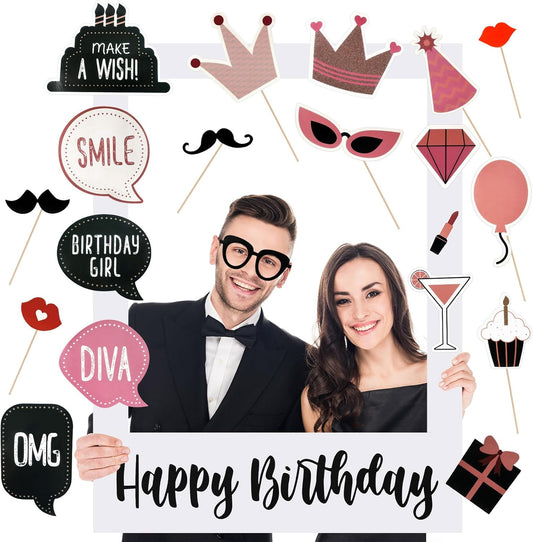31 Pcs Large Photo Booth Props Picture Frame for Happy Birthday Party DIY Cutouts, Selfie Props Ideal for Party Supplies & Favors