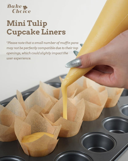 Bake Choice 200pcs Natural Mini Tulip Cupcake Liners for Baking Cups, Unbleached, Greaseproof EU Parchment paper, Mini Tulip Muffin Liners for Party, Christmas, Valentines