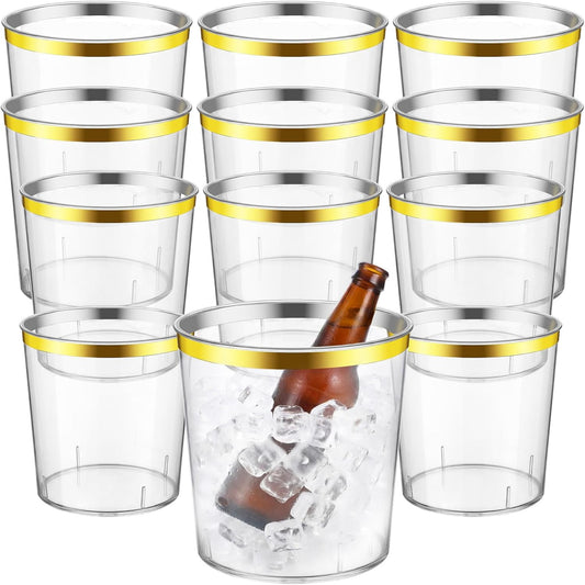 Ice Buckets Bulk, 6 Liter Plastic Round Ice Buckets, Disposable Storage Drink Tub or Party Bar Wine Beer Champagne Beverage Bottle Cooler(Clear,Gold Rim and Glitter,12 Pcs)