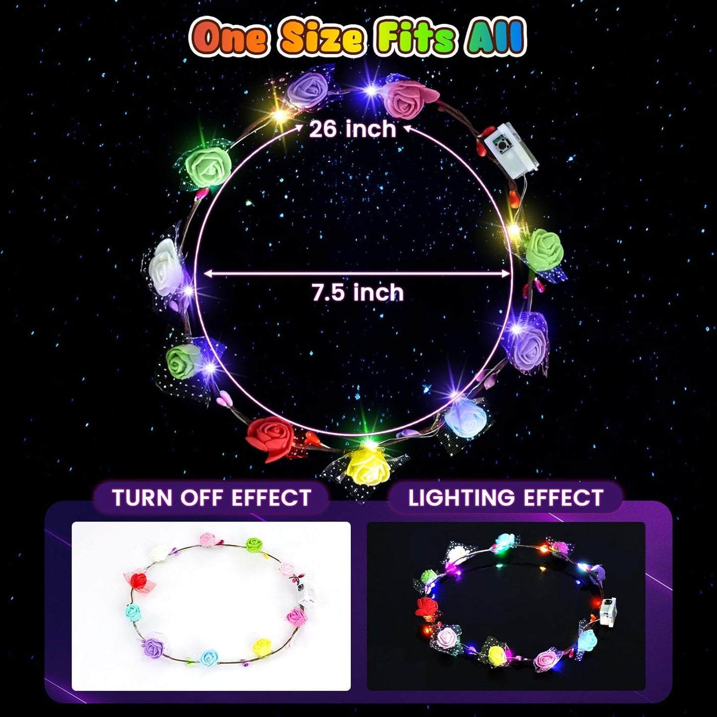 LovesTown 24PCS Flower Crowns Headbands, Light Up Headband Flower Crowns For Women, Glow in the Dark Party Supplies for Raves Birthday Wedding Favors Cosplay