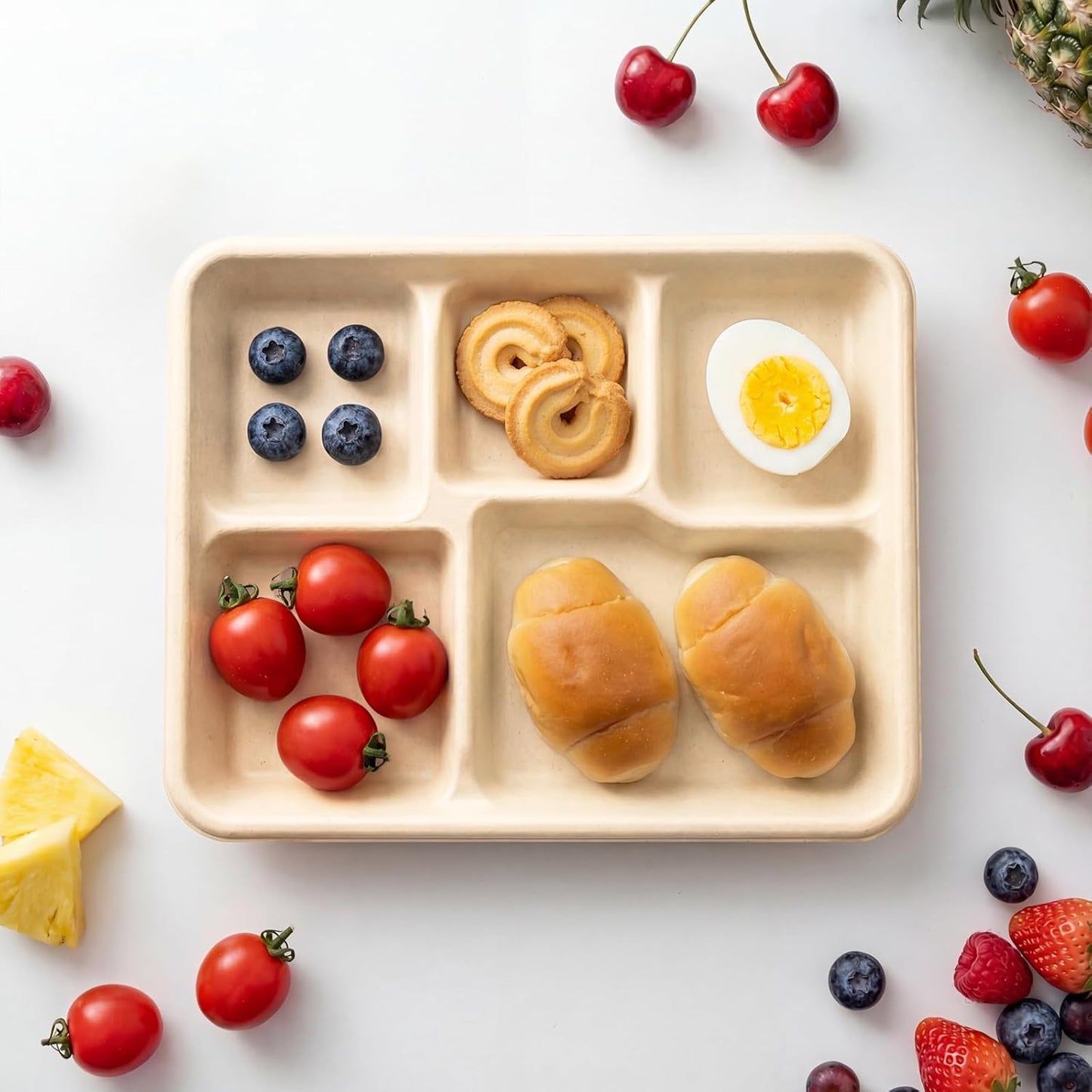 WELLIFE 100% Compostable 5 Compartment Paper Plates, 100 Pack Disposable School Lunch Trays Divided Plates for Adult Youth, 12.5 * 8.6 inch Heavy Duty Eco-Friendly Bagasse Plate for Buffet and Party