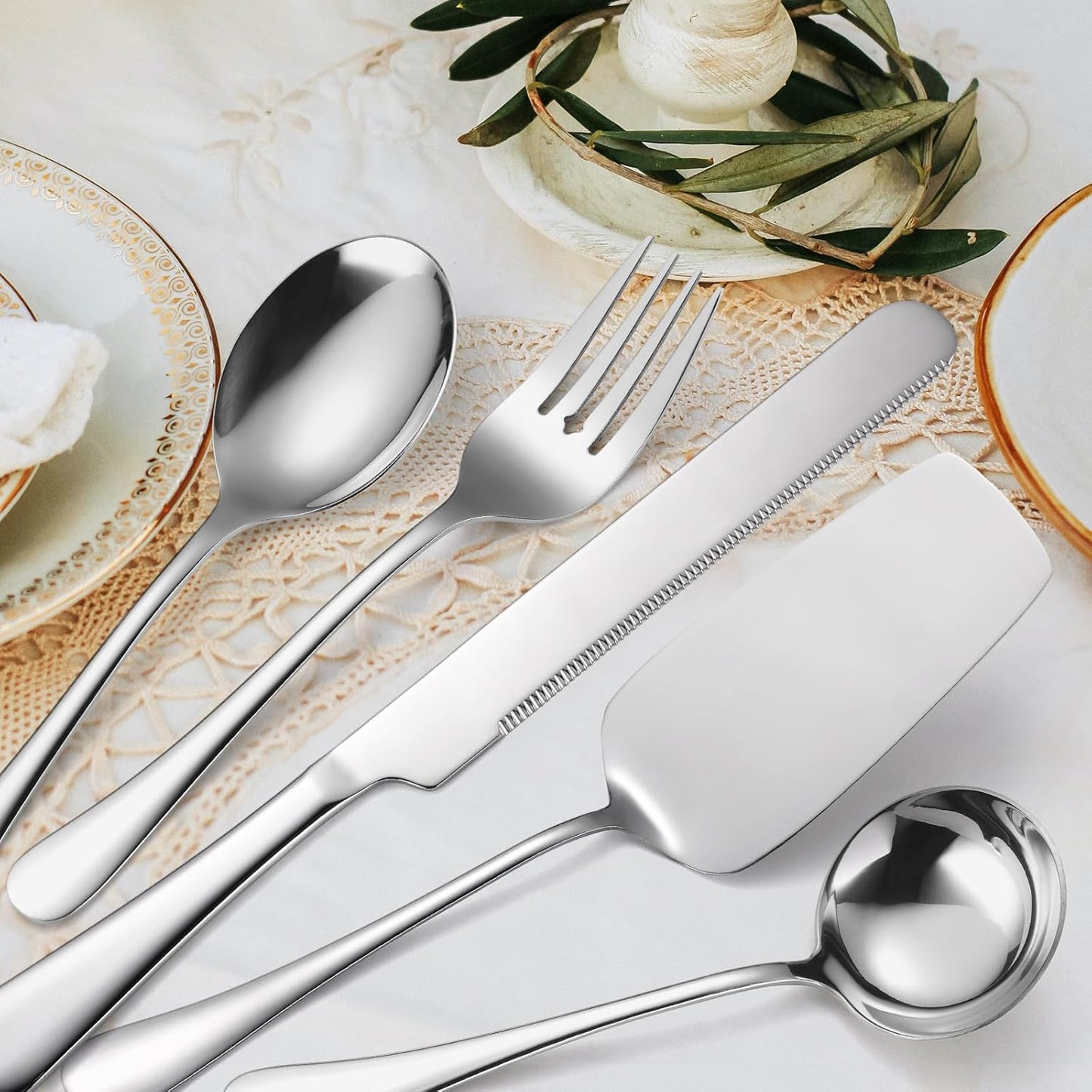 Stainless Steel Serving Utensil Set 10-Piece Buffet Flatware Catering Silverware with Bread Tong,Cake Spatula,Serving Ladles,Salad Fork,Cheese Knife,Large Spoon for Parties Buffet