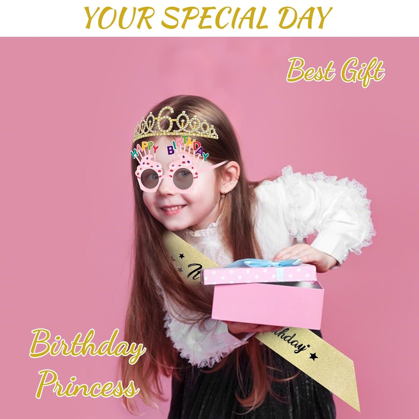 YARIEW 3rd Birthday Decorations, 3rd Glitter Purple Sash and Crown Kit with Happy Birthday Sunglasses, Tiara Princess Crown and Sash Party Outfit Accessory