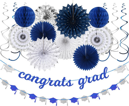 Navy-Blue White Silver Tissue Pom-Poms - 15pcs 5 Size Party Decorations Paper Flowers,Graduation Wedding Baby Bridal Shower Room Hanging Decorations Boy Birthday Party Backdrop Decor Panduola