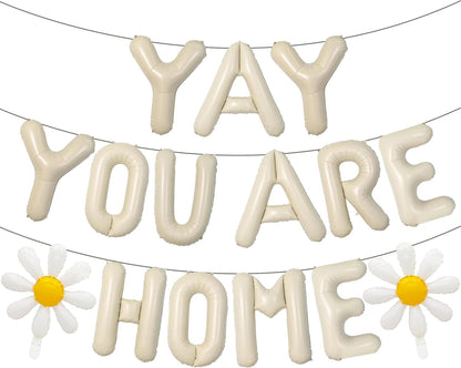 Welcome Home Banner Decorations Balloons - 3 Pcs Beige Pre-Strung Yay Youre Home Foil Letter Balloon Banner Decoration for Baby Welcome Back Housewarming Family Reunion Party Decor