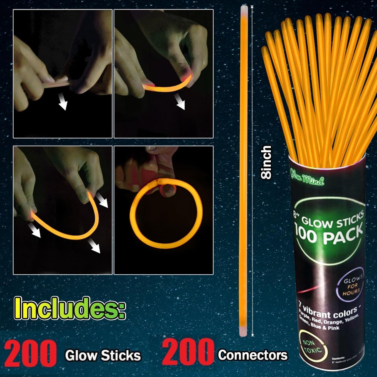 200 Pcs Red Glow Sticks Bracelet Necklaces Bulk Glow in The Dark Party Supplies 8” Light Up Stick with Connectors for Christmas Valentine's Day Easter 4th of July Party Favors Birthday Carnival