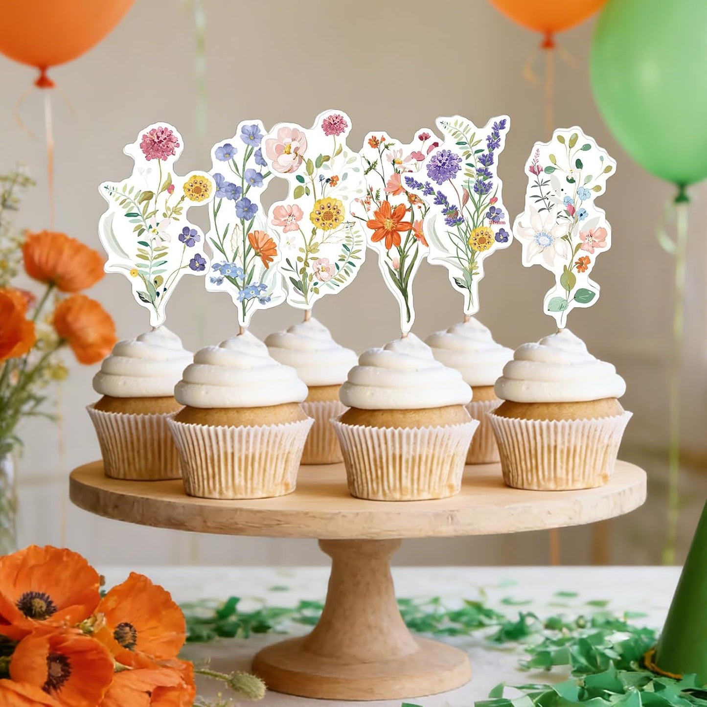 Rngmsi Flower Birthday Cupcake Toppers Decorations, 40PCS Wildflower Baby in Bloom Baby Shower Cake Decorations for Girls Women, Garden Floral Fairy Party Decor