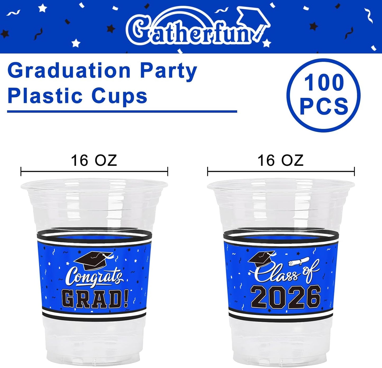 Gatherfun Graduation Decorations 2026-100 Pcs 16oz Blue Graduation Plastic Cups for Grad Party | Sturdy & Durable Drinkware for Grad Festivities | Essential Grad Party Supplies & Decorations