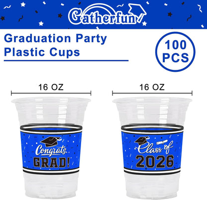 Gatherfun Graduation Decorations 2026-100 Pcs 16oz Blue Graduation Plastic Cups for Grad Party | Sturdy & Durable Drinkware for Grad Festivities | Essential Grad Party Supplies & Decorations