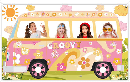 Hippie Bus Photo Prop Groovy Birthday Party Decorations Large Fabric Groovy Van Prop Hippie Selfie Frame Backdrop Background Banner Birthday Supplies Retro Daisy 60s 70s Party Favors 65.8 x 35.4 Inch
