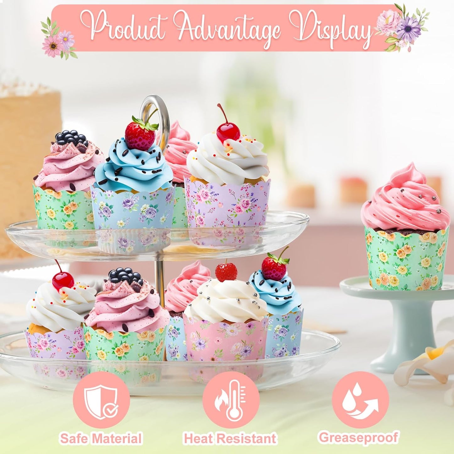 Qinyoung 120 Pcs Wildflower Cupcake Liner 4 Design Flower Paper Muffin Liner Scalloped Disposable Floral Baking Cup, Tea Party Baby/Bridal Shower Decoration for Spring Wedding Birthday Party Supplies