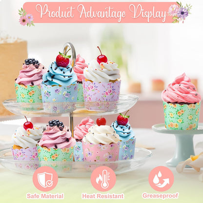 Qinyoung 120 Pcs Wildflower Cupcake Liner 4 Design Flower Paper Muffin Liner Scalloped Disposable Floral Baking Cup, Tea Party Baby/Bridal Shower Decoration for Spring Wedding Birthday Party Supplies